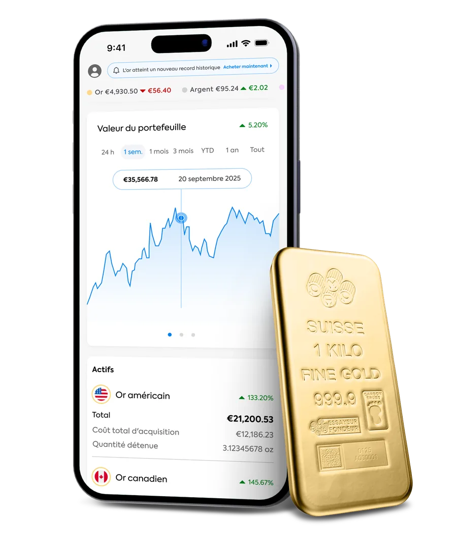 L’application OneGold affichant la valeur de votre portefeuille et vos actifs
