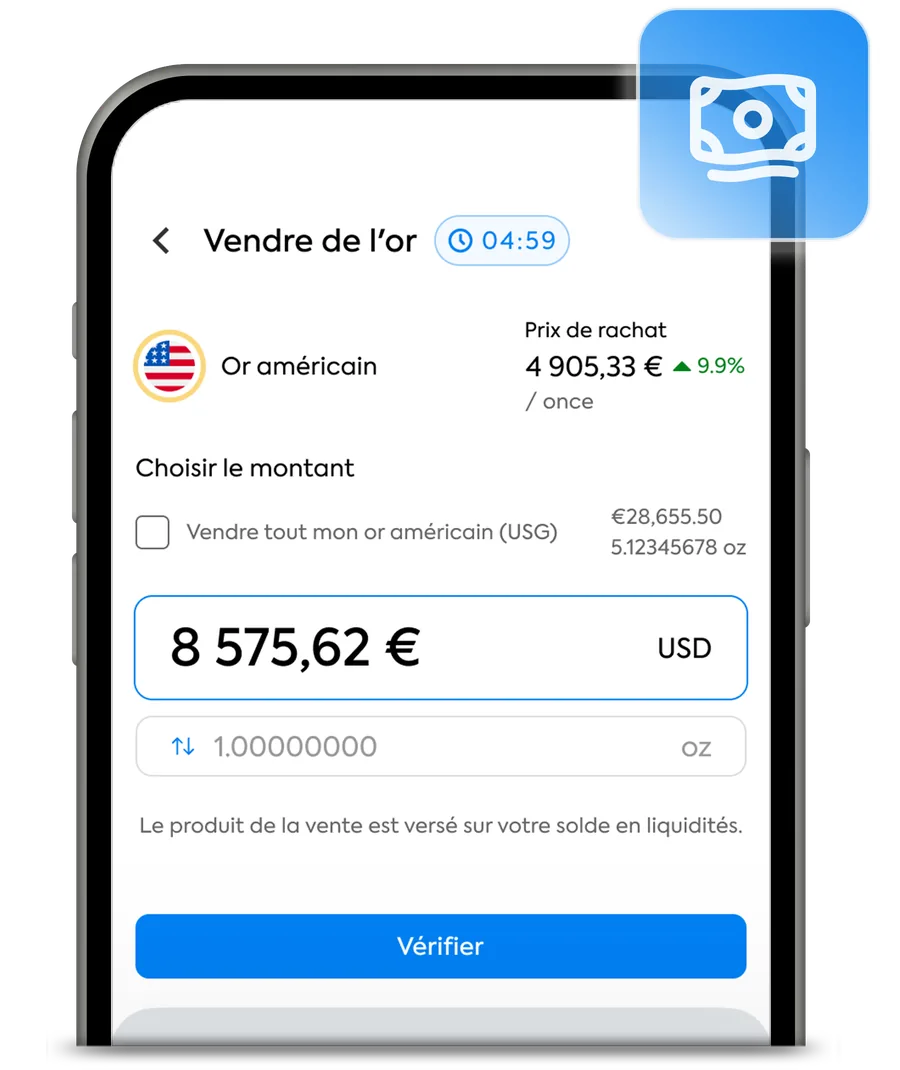 L’écran Vendre de l’or de l’application OneGold