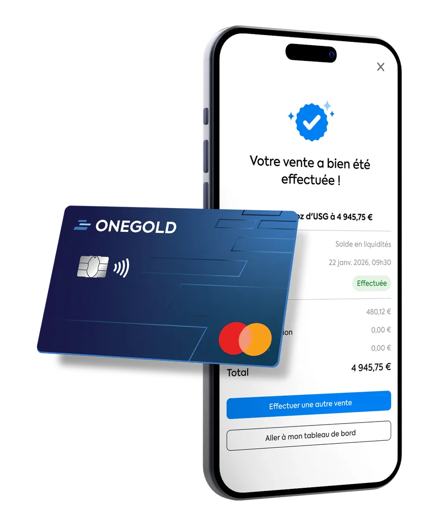 L’application OneGold confirmant votre vente, à côté d’une carte de paiement