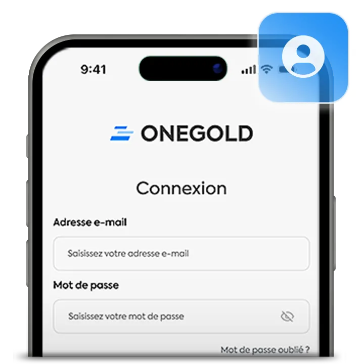 Écran de connexion de l'app OneGold pour créer un compte