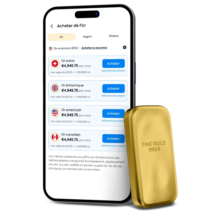 Écran d'achat d'or de l'app OneGold à côté d'un lingot d'or physique
