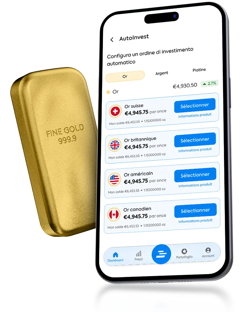 L'app mobile OneGold affichant l'écran d'ordre AutoInvest à côté d'un lingot d'or