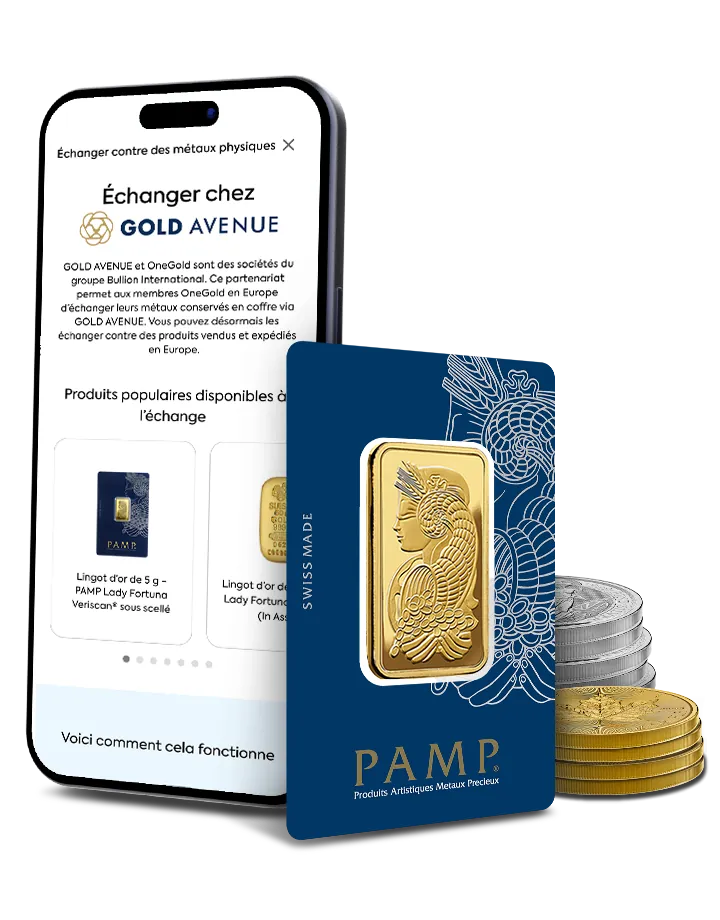 L'app OneGold montrant le rachat de métal physique avec un lingot d'or PAMP et des pièces