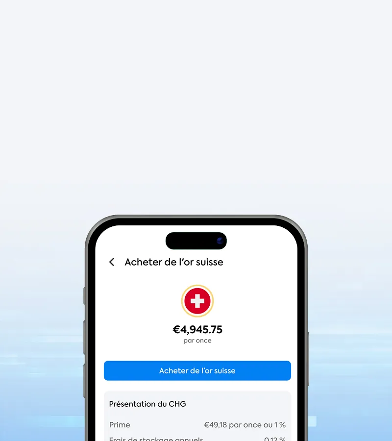 Écran de l'app OneGold montrant un achat d'or en Suisse