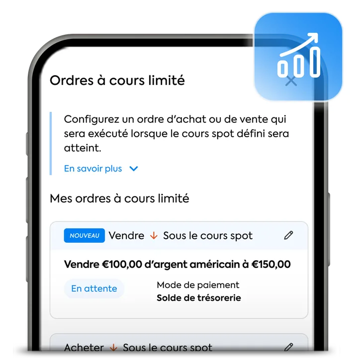 L’application OneGold affichant l’écran des ordres limites